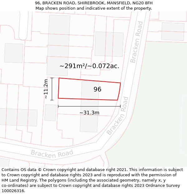 96, BRACKEN ROAD, SHIREBROOK, MANSFIELD, NG20 8FH: Plot and title map