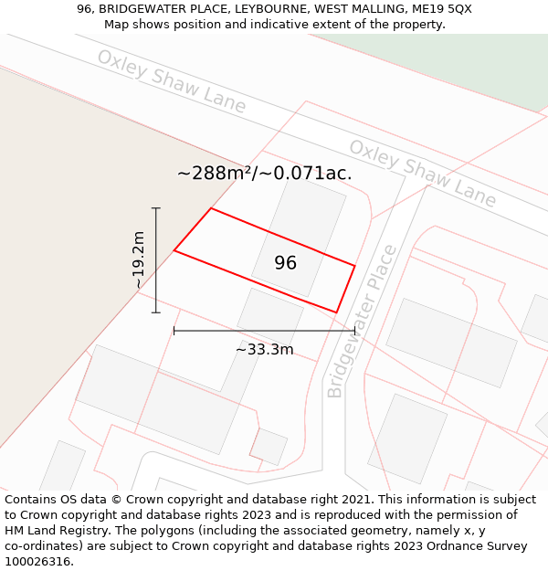 96, BRIDGEWATER PLACE, LEYBOURNE, WEST MALLING, ME19 5QX: Plot and title map