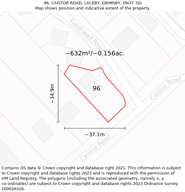 96, CAISTOR ROAD, LACEBY, GRIMSBY, DN37 7JG: Plot and title map