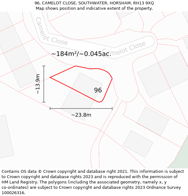 96, CAMELOT CLOSE, SOUTHWATER, HORSHAM, RH13 9XQ: Plot and title map