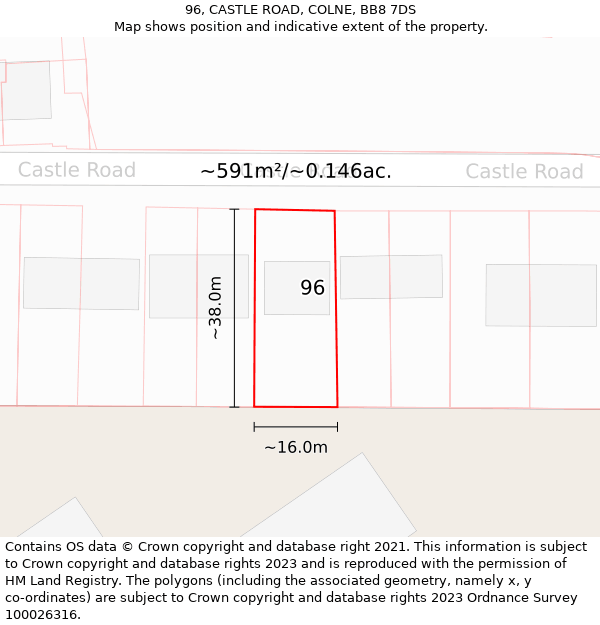 96, CASTLE ROAD, COLNE, BB8 7DS: Plot and title map