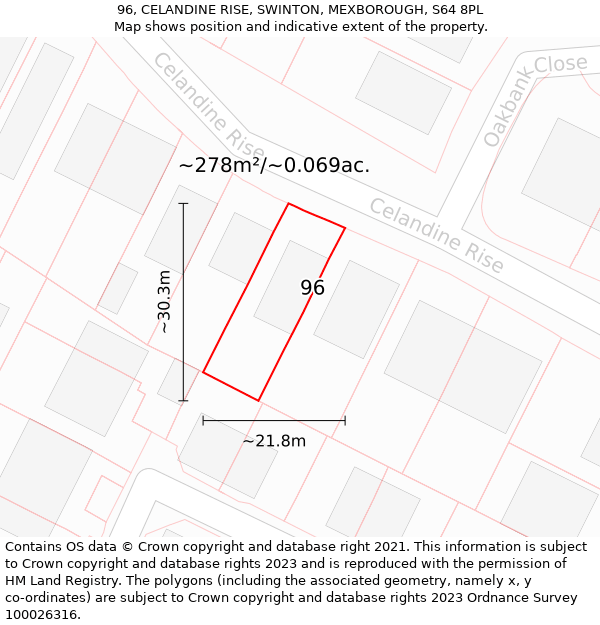 96, CELANDINE RISE, SWINTON, MEXBOROUGH, S64 8PL: Plot and title map