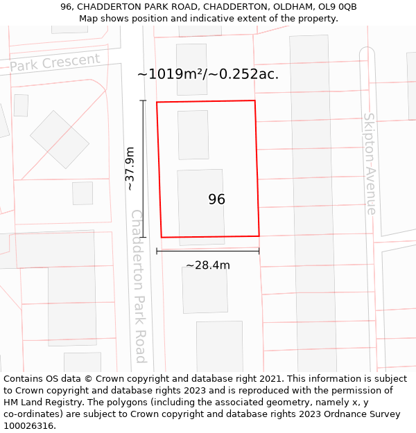 96, CHADDERTON PARK ROAD, CHADDERTON, OLDHAM, OL9 0QB: Plot and title map