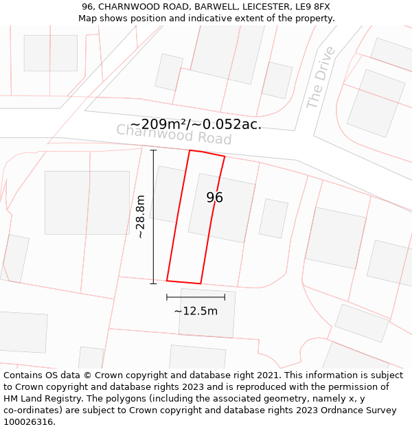 96, CHARNWOOD ROAD, BARWELL, LEICESTER, LE9 8FX: Plot and title map