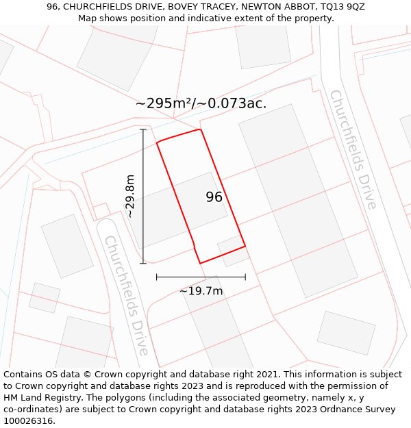 96, CHURCHFIELDS DRIVE, BOVEY TRACEY, NEWTON ABBOT, TQ13 9QZ: Plot and title map