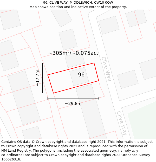 96, CLIVE WAY, MIDDLEWICH, CW10 0QW: Plot and title map