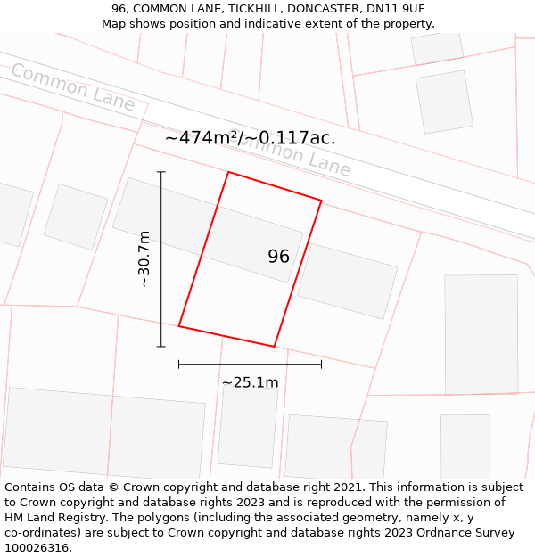 96, COMMON LANE, TICKHILL, DONCASTER, DN11 9UF: Plot and title map