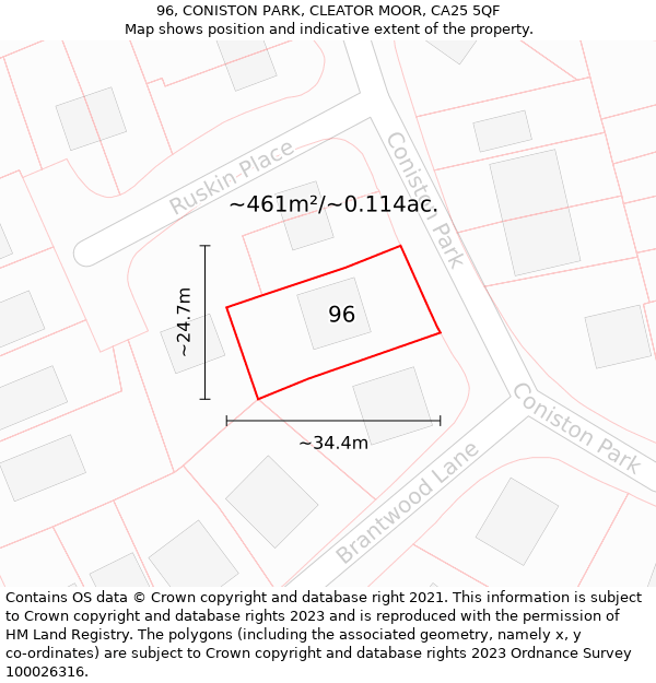 96, CONISTON PARK, CLEATOR MOOR, CA25 5QF: Plot and title map