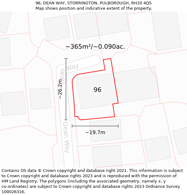 96, DEAN WAY, STORRINGTON, PULBOROUGH, RH20 4QS: Plot and title map