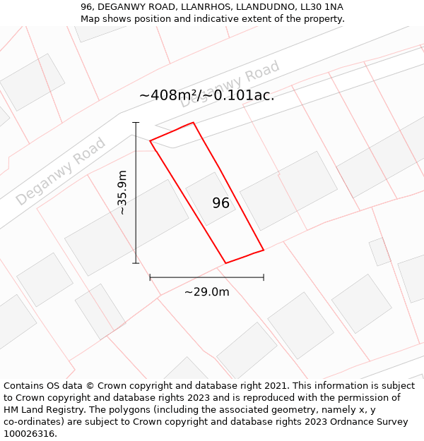 96, DEGANWY ROAD, LLANRHOS, LLANDUDNO, LL30 1NA: Plot and title map