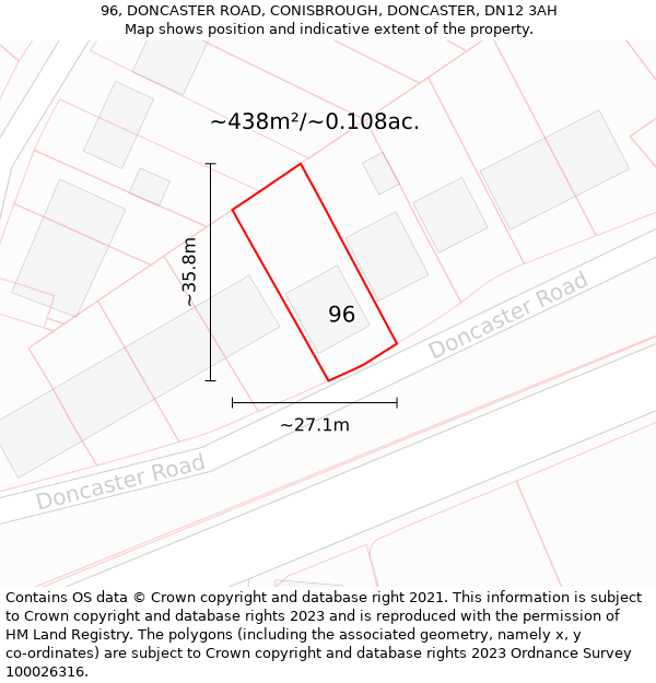 96, DONCASTER ROAD, CONISBROUGH, DONCASTER, DN12 3AH: Plot and title map