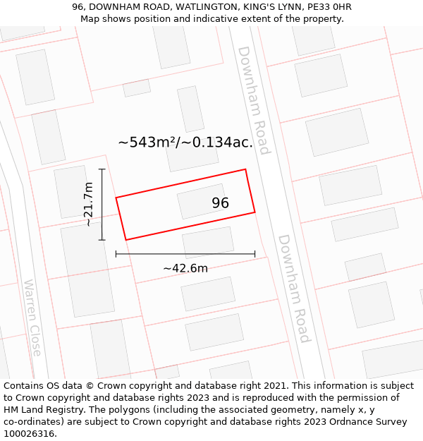 96, DOWNHAM ROAD, WATLINGTON, KING'S LYNN, PE33 0HR: Plot and title map