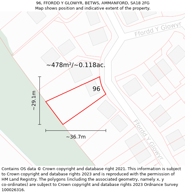 96, FFORDD Y GLOWYR, BETWS, AMMANFORD, SA18 2FG: Plot and title map