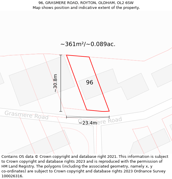 96, GRASMERE ROAD, ROYTON, OLDHAM, OL2 6SW: Plot and title map