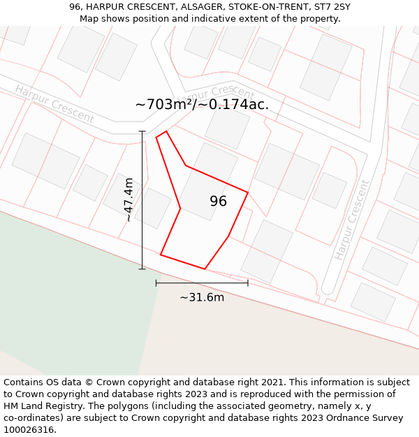 96, HARPUR CRESCENT, ALSAGER, STOKE-ON-TRENT, ST7 2SY: Plot and title map