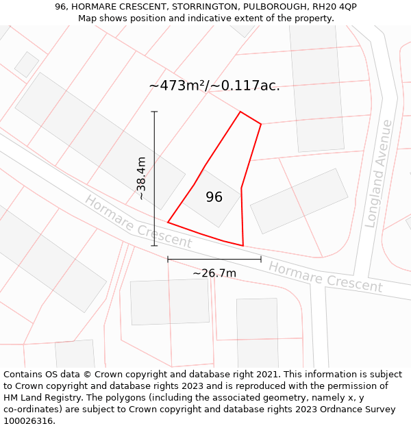 96, HORMARE CRESCENT, STORRINGTON, PULBOROUGH, RH20 4QP: Plot and title map