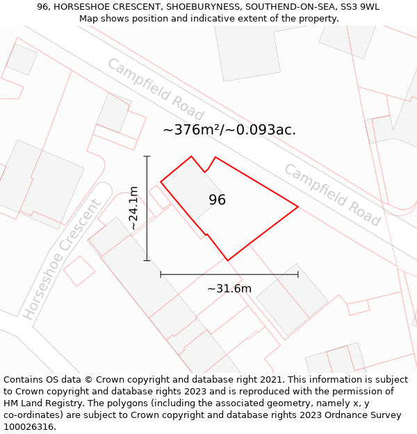 96, HORSESHOE CRESCENT, SHOEBURYNESS, SOUTHEND-ON-SEA, SS3 9WL: Plot and title map