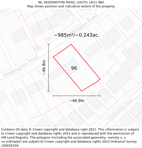 96, KEDDINGTON ROAD, LOUTH, LN11 0BA: Plot and title map