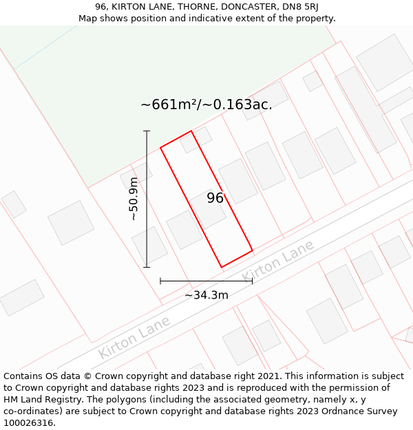 96, KIRTON LANE, THORNE, DONCASTER, DN8 5RJ: Plot and title map