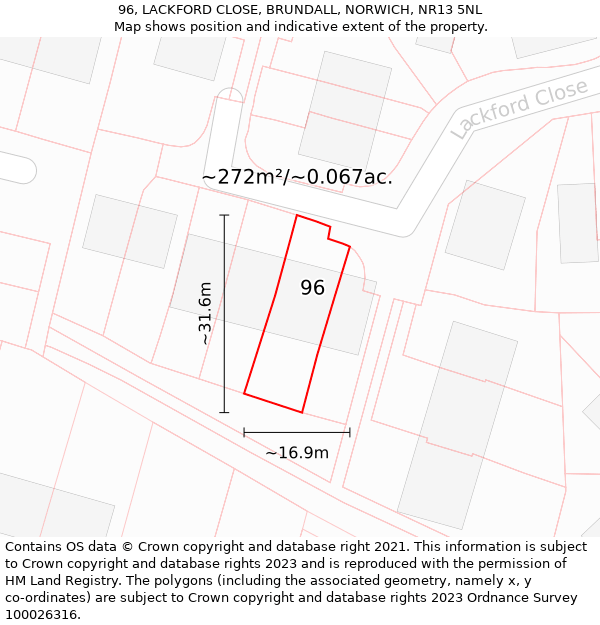 96, LACKFORD CLOSE, BRUNDALL, NORWICH, NR13 5NL: Plot and title map