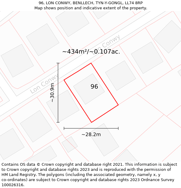 96, LON CONWY, BENLLECH, TYN-Y-GONGL, LL74 8RP: Plot and title map