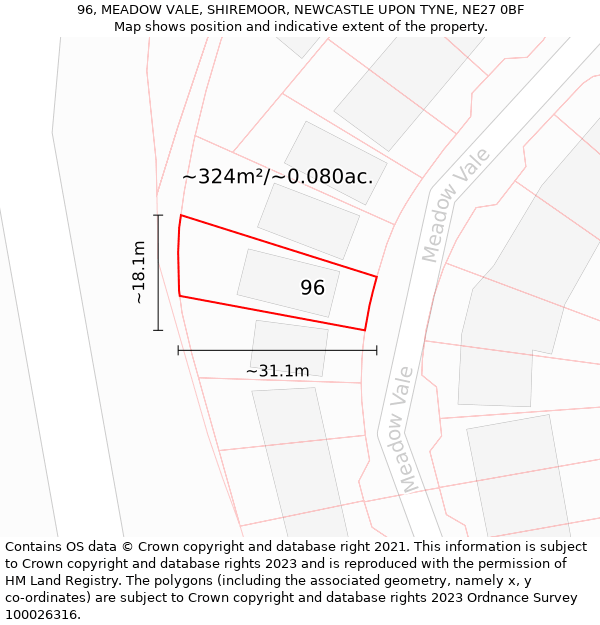 96, MEADOW VALE, SHIREMOOR, NEWCASTLE UPON TYNE, NE27 0BF: Plot and title map