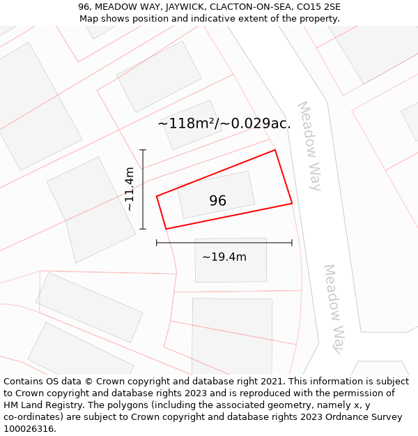 96, MEADOW WAY, JAYWICK, CLACTON-ON-SEA, CO15 2SE: Plot and title map