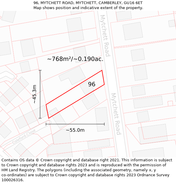 96, MYTCHETT ROAD, MYTCHETT, CAMBERLEY, GU16 6ET: Plot and title map