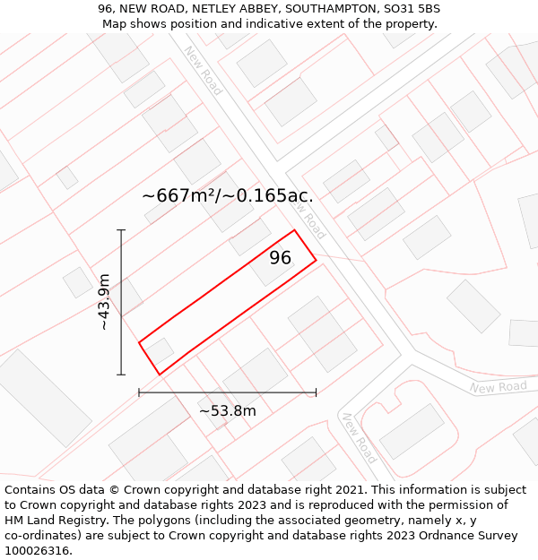 96, NEW ROAD, NETLEY ABBEY, SOUTHAMPTON, SO31 5BS: Plot and title map