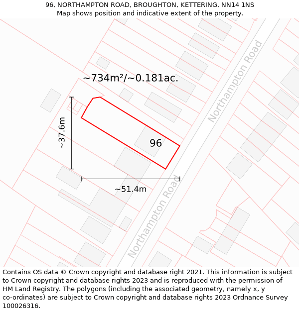 96, NORTHAMPTON ROAD, BROUGHTON, KETTERING, NN14 1NS: Plot and title map