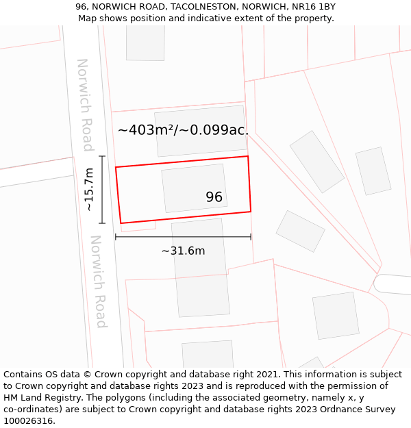 96, NORWICH ROAD, TACOLNESTON, NORWICH, NR16 1BY: Plot and title map