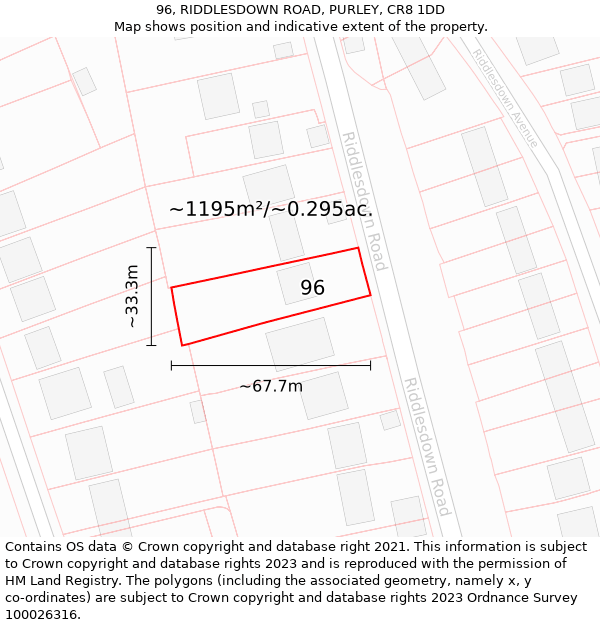 96, RIDDLESDOWN ROAD, PURLEY, CR8 1DD: Plot and title map