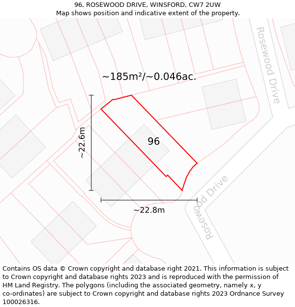 96, ROSEWOOD DRIVE, WINSFORD, CW7 2UW: Plot and title map