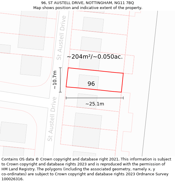 96, ST AUSTELL DRIVE, NOTTINGHAM, NG11 7BQ: Plot and title map