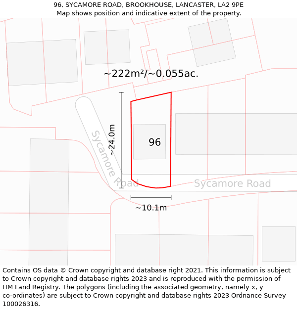 96, SYCAMORE ROAD, BROOKHOUSE, LANCASTER, LA2 9PE: Plot and title map