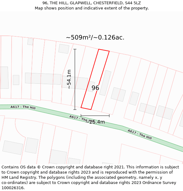 96, THE HILL, GLAPWELL, CHESTERFIELD, S44 5LZ: Plot and title map