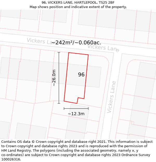 96, VICKERS LANE, HARTLEPOOL, TS25 2BF: Plot and title map