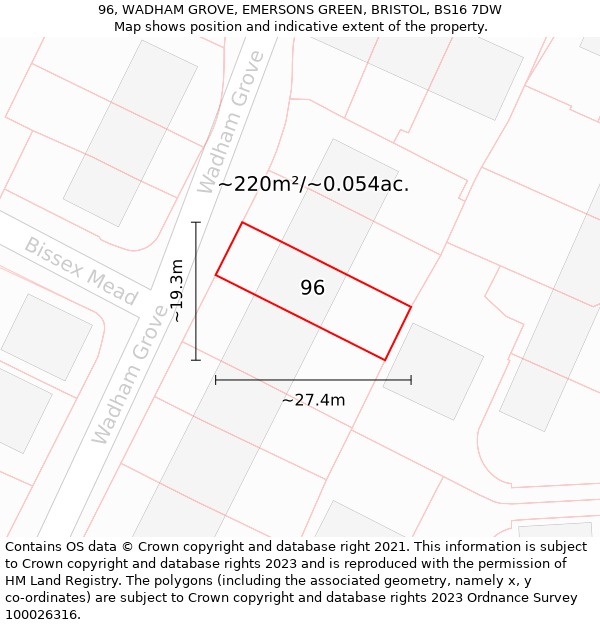 96, WADHAM GROVE, EMERSONS GREEN, BRISTOL, BS16 7DW: Plot and title map