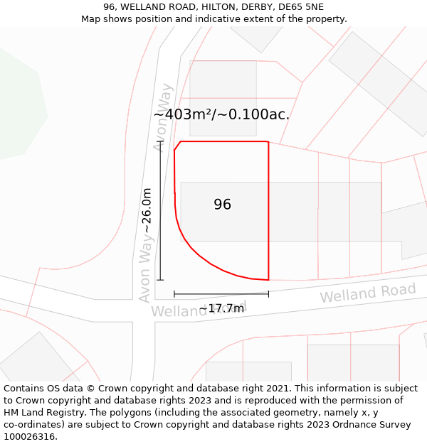 96, WELLAND ROAD, HILTON, DERBY, DE65 5NE: Plot and title map