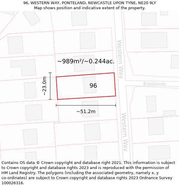 96, WESTERN WAY, PONTELAND, NEWCASTLE UPON TYNE, NE20 9LY: Plot and title map