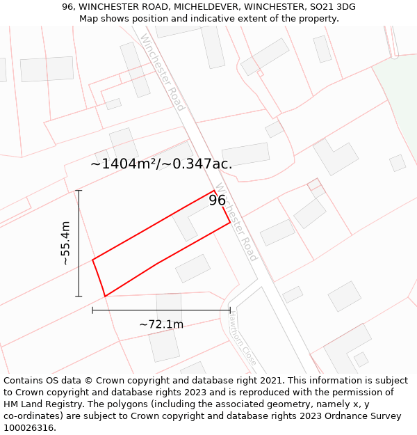 96, WINCHESTER ROAD, MICHELDEVER, WINCHESTER, SO21 3DG: Plot and title map