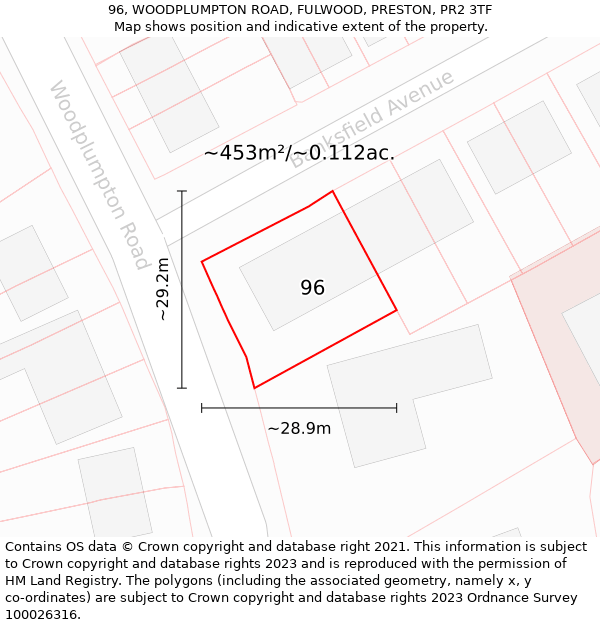 96, WOODPLUMPTON ROAD, FULWOOD, PRESTON, PR2 3TF: Plot and title map