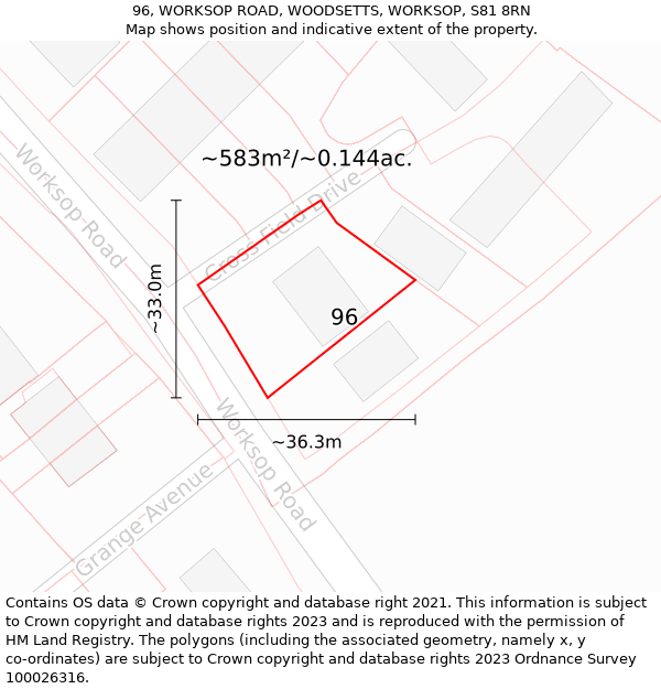 96, WORKSOP ROAD, WOODSETTS, WORKSOP, S81 8RN: Plot and title map