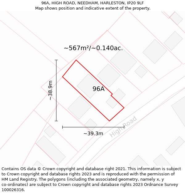 96A, HIGH ROAD, NEEDHAM, HARLESTON, IP20 9LF: Plot and title map