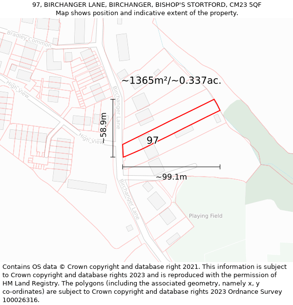 97, BIRCHANGER LANE, BIRCHANGER, BISHOP'S STORTFORD, CM23 5QF: Plot and title map