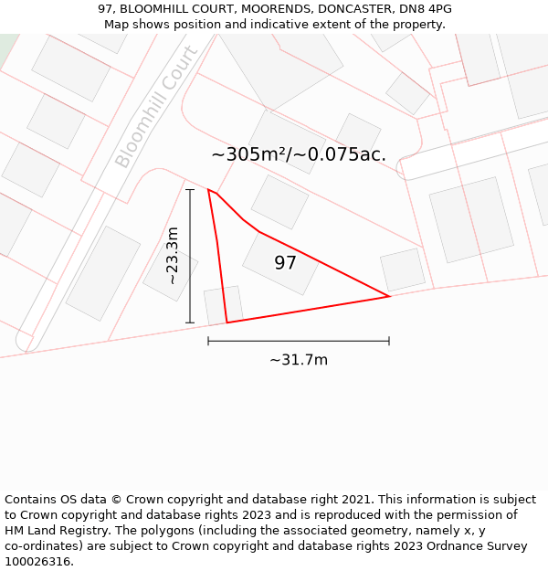 97, BLOOMHILL COURT, MOORENDS, DONCASTER, DN8 4PG: Plot and title map