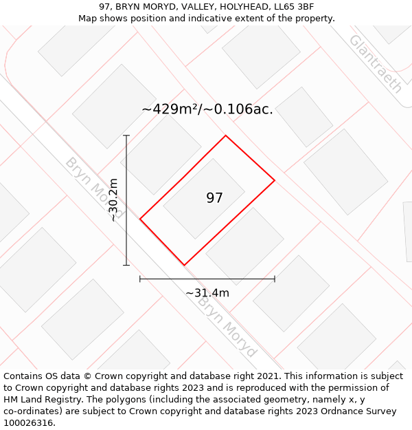 97, BRYN MORYD, VALLEY, HOLYHEAD, LL65 3BF: Plot and title map