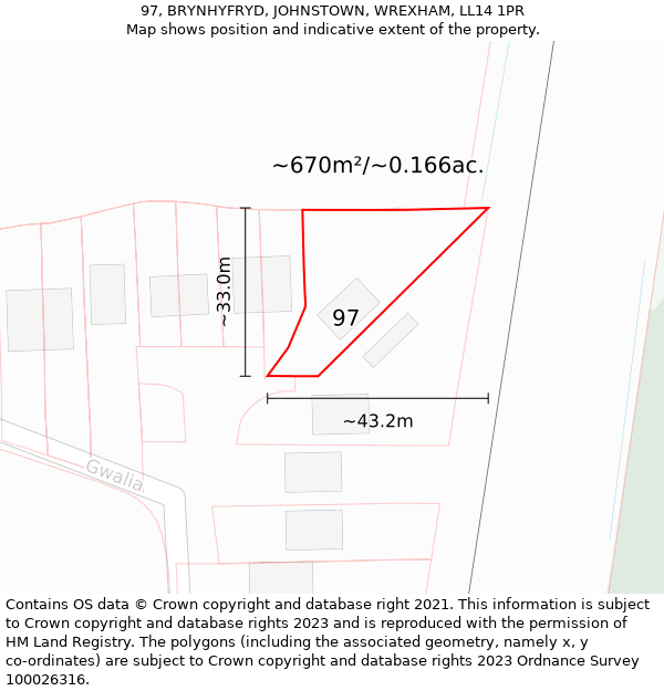 97, BRYNHYFRYD, JOHNSTOWN, WREXHAM, LL14 1PR: Plot and title map