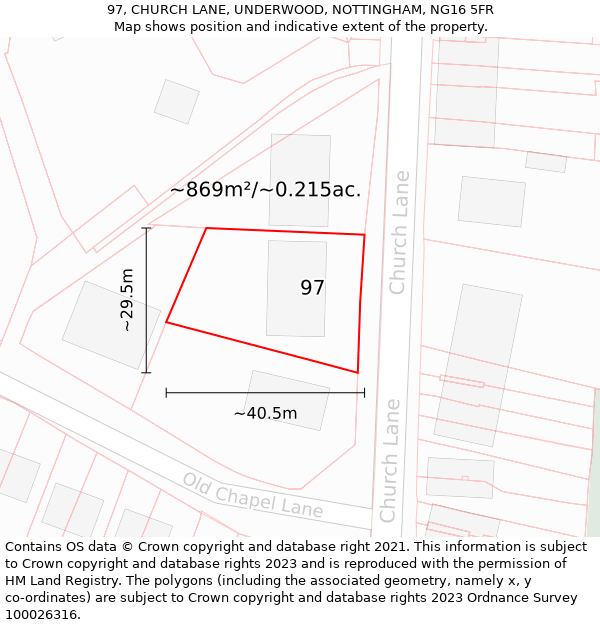 97, CHURCH LANE, UNDERWOOD, NOTTINGHAM, NG16 5FR: Plot and title map