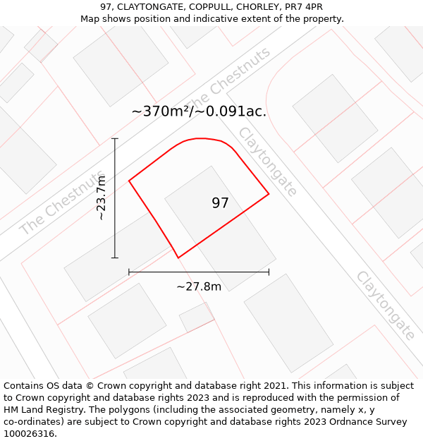 97, CLAYTONGATE, COPPULL, CHORLEY, PR7 4PR: Plot and title map